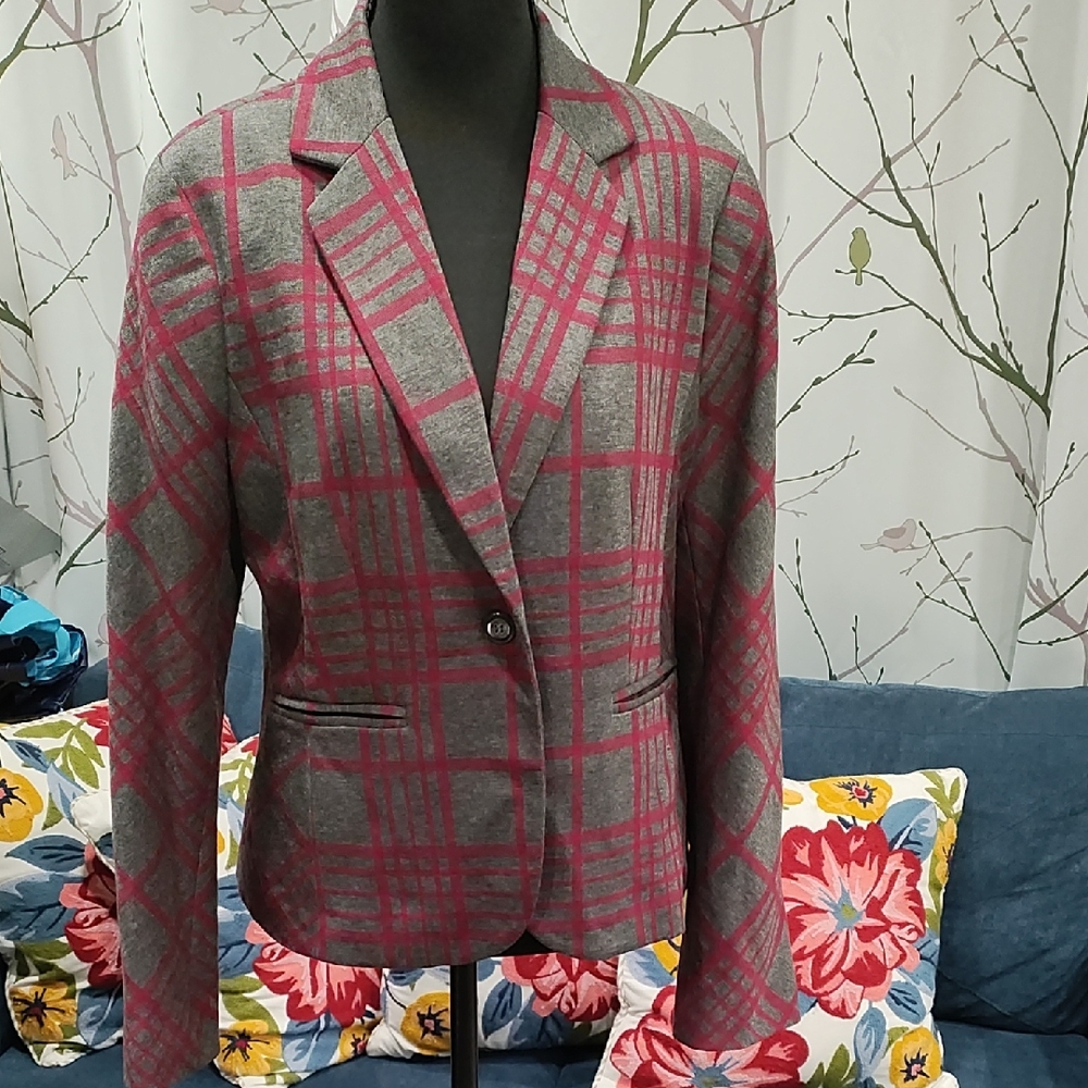 New York & Company Gray and Pink Checkered Blazer - Picture 1 of 8